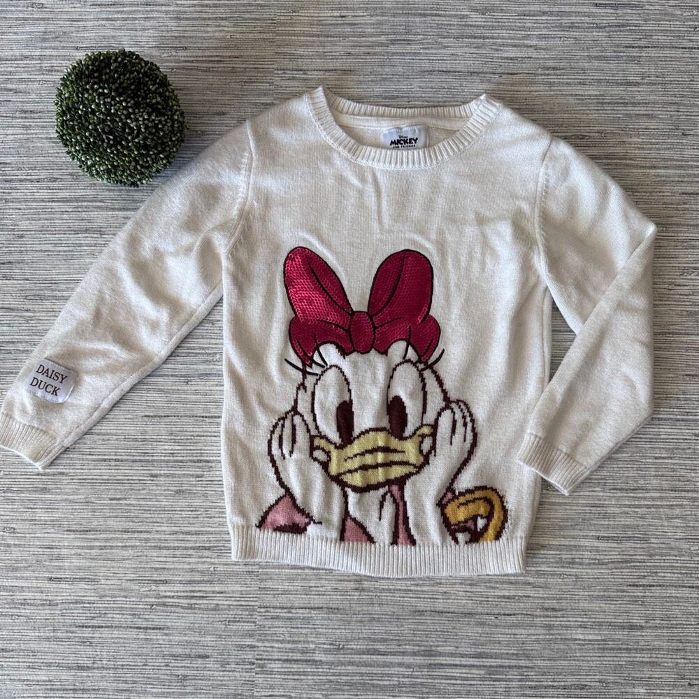 Primark x Disney Daisy Duck Cream Knit Sweater Girls Sequin Bow 5/6